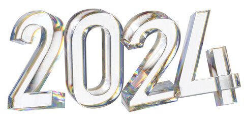 happy new year 2024 glass letter with chromatic aberration refraction dispersion 3d illustration isolated
