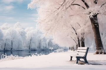 Bench in the park in snowy winter