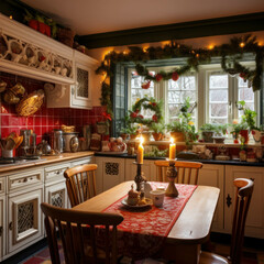 Fototapeta na wymiar Charming kitchen decor in English style: Vintage furniture, wooden floors, and a classic dining setup for a cozy atmosphere. ai generative