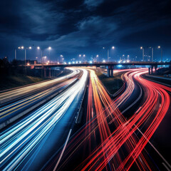 Fototapeta na wymiar Nighttime rush: Lines of light on an urban road, portraying the energetic motion and speed of vehicles in a modern city.ai generative
