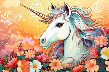 pretty unicorn's head and mane with flowers, cartoon design