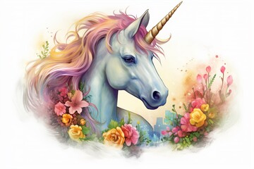 Obraz na płótnie Canvas pretty unicorn with flowers design emphasize on head and mane illustration
