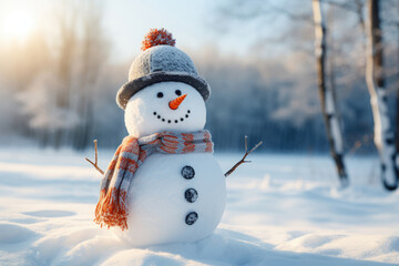 Snowman with a carrot nose, hat and scarf in the forest on a clear winters day