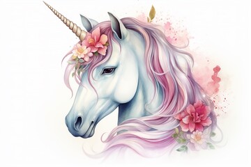 Obraz na płótnie Canvas pretty unicorn with flowers design emphasize on head and mane 