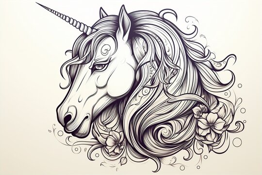 Unicorn line art design emphasize on head and mane