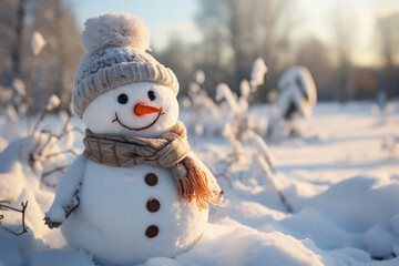 Obraz premium Funny snowman with a carrot nose in the forest