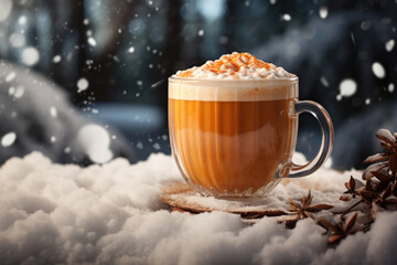 Glass cup with coffee in the snow on a frosty day