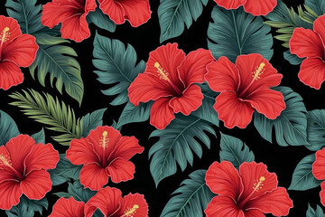 seamless tropical floral pattern of hibiscus on black background - obrazy, fototapety, plakaty