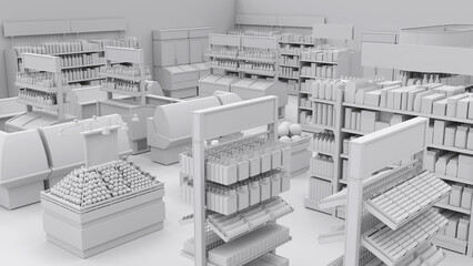 Sales area of the store with rows of shelving and blank products. 3d illustration