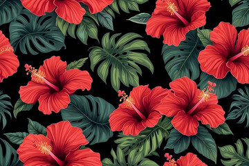seamless tropical floral pattern of hibiscus on black background