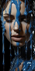 a woman with blue paint dripping from her face