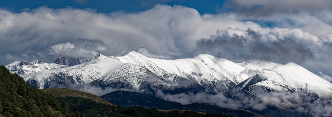 Panoramic view of of snowy Mount Olympus, the highest mountain of Greece, home of the ancient Greek...