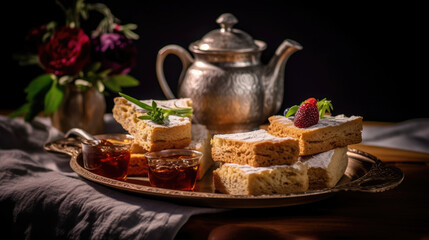 Fototapeta premium Gourmet cupcakes with a tea tray of sandwiches and scones