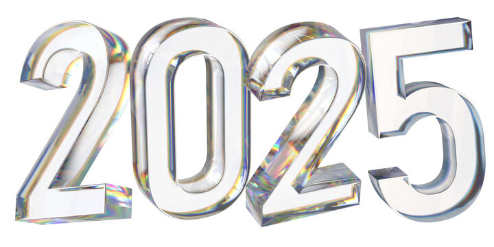 happy new year 2025 glass letter with chromatic aberration refraction dispersion 3d illustration isolated