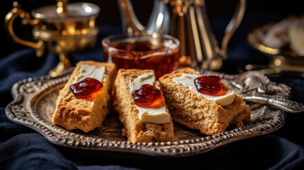 Obraz na płótnie Canvas Gourmet cupcakes with a tea tray of sandwiches and scones