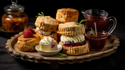 Fototapeta premium Gourmet cupcakes with a tea tray of sandwiches and scones