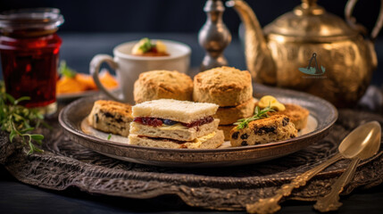 Obraz na płótnie Canvas Gourmet cupcakes with a tea tray of sandwiches and scones