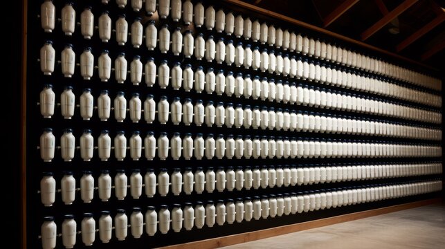 Gigantische schwarze Wand mit hunderten von gefüllten Milchflaschen 