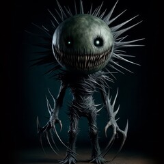 Creepy Fantasy Creature with Spikes and Large Eyes Emerging from the Darkness