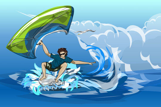 Kitesurfing, a man is surfing with a kite, riding the waves in the ocean