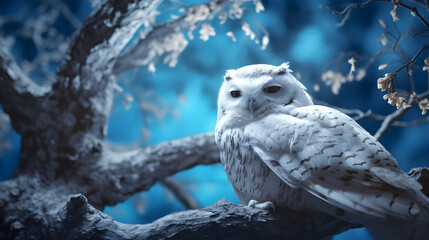 Snow Owl Perched on a Winter-Clad Tree Branch at Night