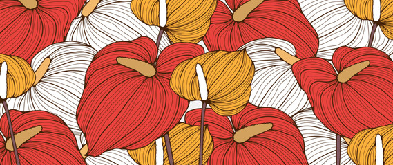 Bright summer floral background, poster, banner with yellow and red calla flowers. - obrazy, fototapety, plakaty