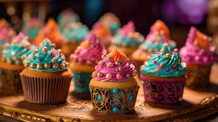 Fototapeta na wymiar These colorful gourmet cupcakes look too good to eat