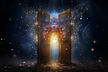 A large magical book door in the dark sky