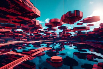 Floating geometric shapes, digital pathways, and vibrant colors create an immersive and futuristic environment, blurring the lines between the physical and digital worlds.
