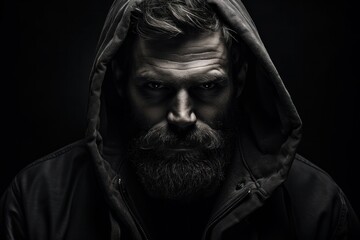 Dramatic close up black and white portrait of old homeless alcoholic man face depressed sick and lonely,  Generative AI