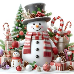 Snowman with 3D Christmas decorations for celebrations with background