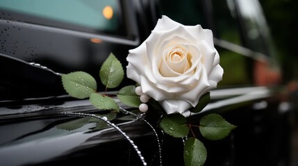 Festliche weiße Rose als Hochzeitsschmuck ist an die Tür eines schwarzen Autos gesteckt.