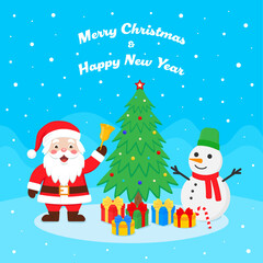 Cute Santa Claus with gifts and Snowman. Merry Christmas and New Year design. Color vector illustration in cartoon flat style.