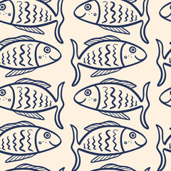 Happy blue outline fish on beige white