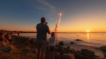 Mann und Kind beobachten einen Raketenstart an einem Strand bei Sonnenuntergang - obrazy, fototapety, plakaty