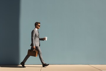 a man in a suit holding a coffee and a briefcase - Powered by Adobe