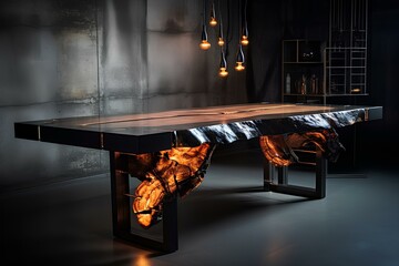 The design of a wooden table made of a single piece of oak in a futuristic style in a modern interior. - obrazy, fototapety, plakaty