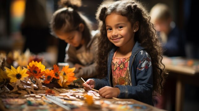Smiling Young Girl Engaged in Arts and Crafts with Autumn Leaves at a Workshop