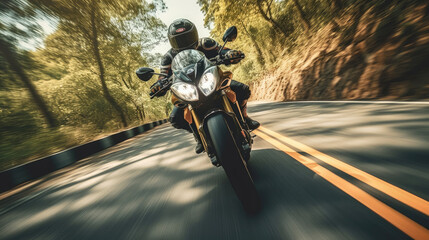 The motorcycle rider speeds down the road