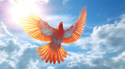 Fototapeta premium Vibrant Orange Bird in Flight Towards the Setting Sun