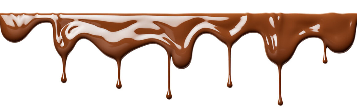Pouring chocolate dripping from cake top. chocolate streams isolated on transparent background, png.