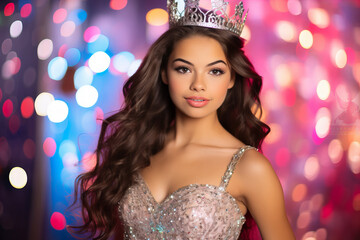 Mexican 15 year old girl with a tiara in her big bedazzled quinseanera dress on a vibrant bokeh background