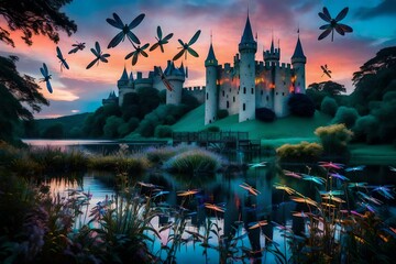 The castle is adorned with shimmering crystals, and the dragonflies showcase a spectrum of colors, creating a surreal fusion of nature, technology, and fantasy. - obrazy, fototapety, plakaty