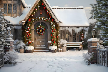 Vintage home with wooden door and festive Christmas decorations.

