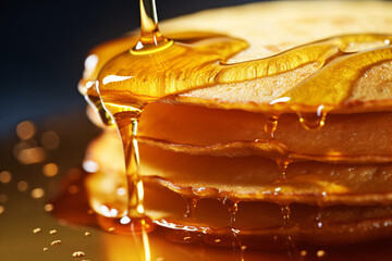 Delicious pancakes are topped with sweet syrup, with a droplet of honey for extra sweetness.