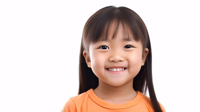 A beaming Asian infant is pictured alone on a pristine white backdrop.