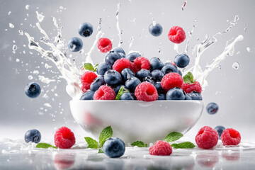 Fresh Raspberry, blueberries splashing into milk or yogurt. Generative Ai.