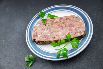 pate meat terrine champagne traditional pork beef meat fresh tasty eating cooking appetizer meal food snack on the table copy space food background rustic top view