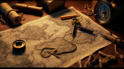 Fototapeta na wymiar American flag and rope on treasure map on the table for Colombus Day