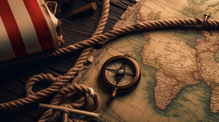 American flag and rope on treasure map on the table for Colombus Day